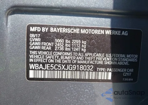 2018 BMW 540I from USA, damaged, VIN WBAJE5C5XJG918032